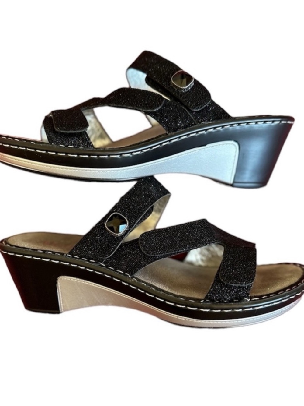 Alegria Black Shimmer Wedge Sandal with Adjustable Straps. Size 9